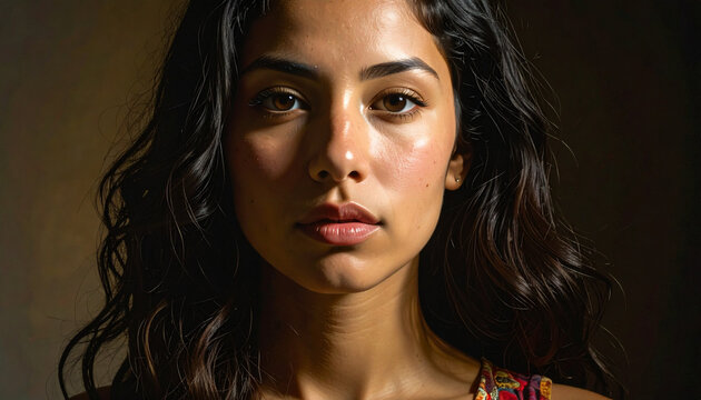 Portrait of a beautiful young woman with dark wavy hair