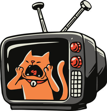 cat on the tv hand drawn sticker, funny cat screaming