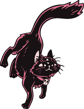 black pink cat hand drawn sticker, halloween witch pet tattoo design