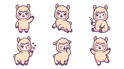 Obraz premium Cute cartoon alpaca character set with playful emotions