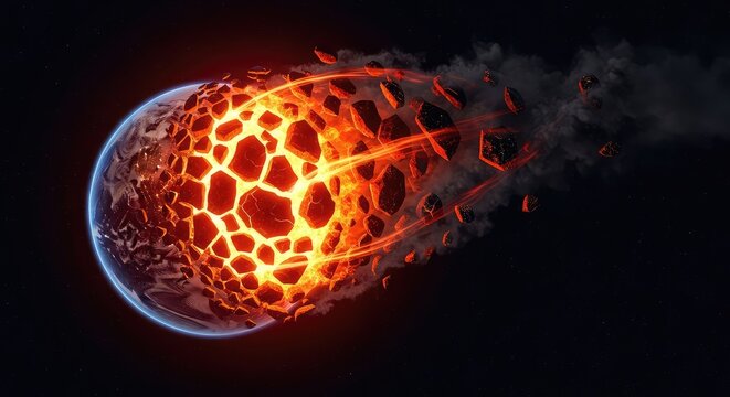 A dramatic image of planet earth breaking apart into burning fragments amidst orange flames and dark smoke to represent global warming, nature, flames, future