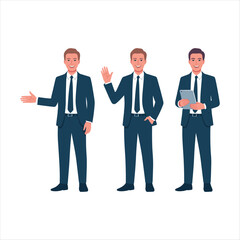 Obraz premium Set of Professional Businessmen in Different Poses – Corporate Office Male Characters Vector Illustration Isolated on White Background
