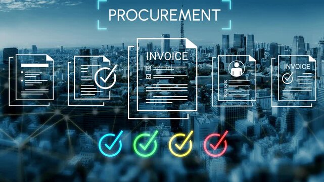 Digital procurement process showcasing invoice management with checklist, documents, and city skyline in the background emphasizing business efficiency Gluon.