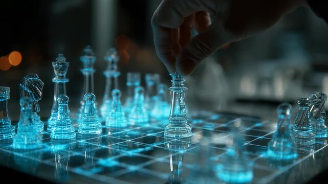 Close up high tech chess game features illuminated blue grid lines, glass chess pieces, highlighting hand in action. Atmosphere blends strategy, intelligence, digital advancement