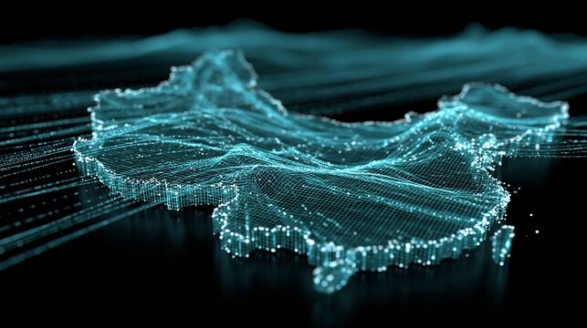 Digital map of China rendered in cyan light particles on black background. Futuristic grid lines flow across the terrain