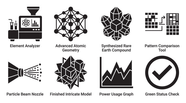 Element analyzer and advanced atomic geometry science icons set.