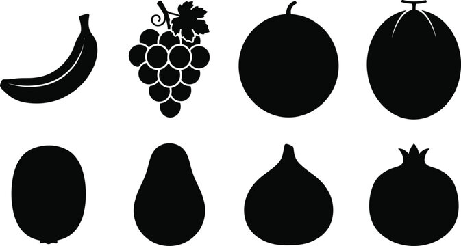 Fresh fruits vector silhouette set featuring banana grapes melon kiwi avocado fig and pomegranate shapes