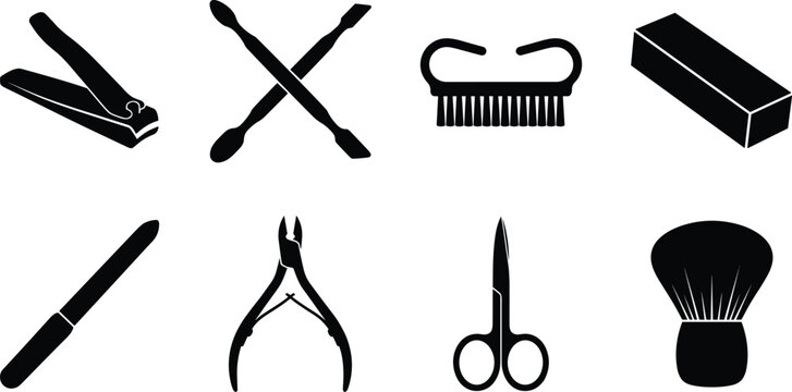 Vector silhouette icons of manicure, pedicure, and nail care salon tools and grooming accessories