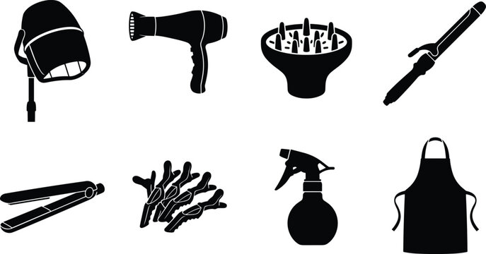 Vector silhouette icons of professional hair salon tools, hairdressing equipment, and hairstyling accessories