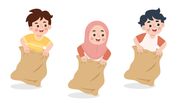 Illustration of children competing in a sack jump race