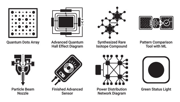 Quantum dots array and advanced quantum hall effect diagram science icons.
