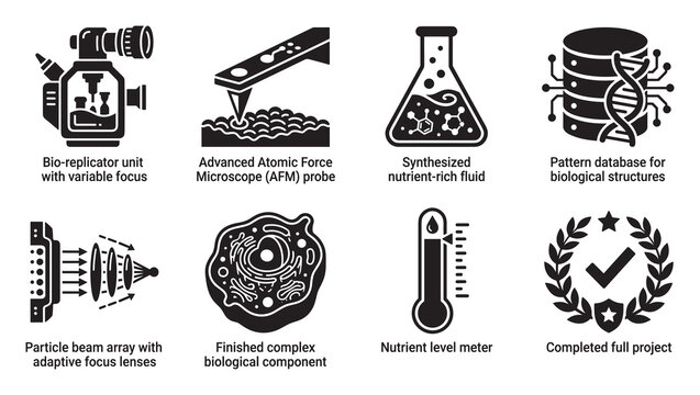 Science icons: bio replicator, AFM probe, nutrient fluid, biological pattern database, particle beam.