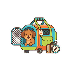 Naklejka premium Cute Dog in Pet Carrier Ready for Travel with Suitcase and Compass