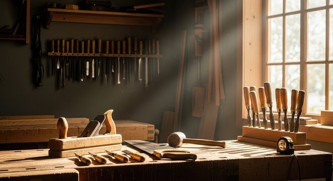 A sun-drenched woodworking shop filled with vintage hand tools, organized shelves, wooden workbenches, and dust motes dancing in the light, lumber, warm, clamps