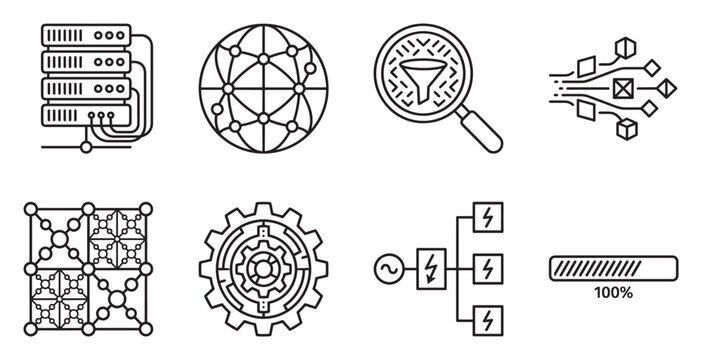 Technology and network related icons showing servers and data flow.