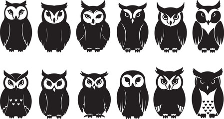 Owl bird black vector set illustration of icon. .Vector set icon of animal owl. Isolated black collection illustration of bird on white background.