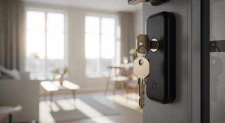 Naklejka premium Minimalist Brass Key Hanging on Matte Black Smart Lock with Modern Apartment Interior
