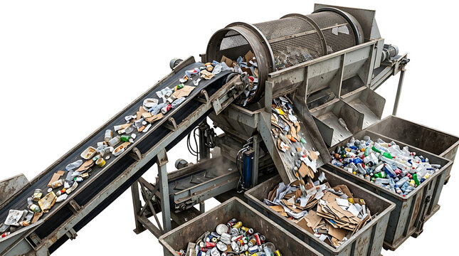 Industrial recycling facility machine sorting waste into separate bins