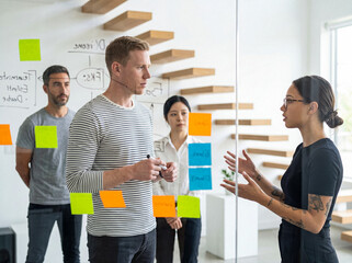 Focused business team brainstorming creative ideas on a glass board with sticky notes in a bright.