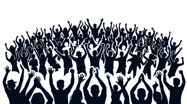 People cheering with raised hands together.