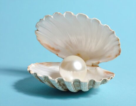 Open clam seashell revealing a large shiny pearl inside