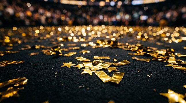 Golden confetti stars scattered on dark carpet with blurred stadium crowd background 2026 soccer world championship tournament