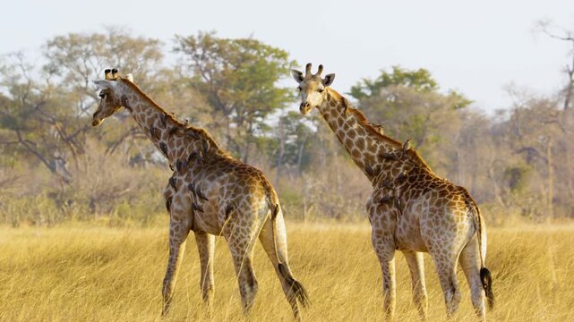 Majestic pair of African Giraffes (Giraffa camelopardalis) stroll together in slow motion, their long strides harmonious as they traverse the sun-drenched savannah. 