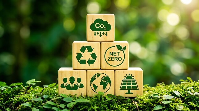 Pyramid of wooden blocks with net zero, recycling, and solar energy icons resting on green moss in nature symbolizing ecological balance.