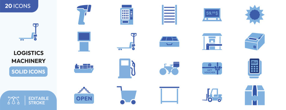Transportation and Warehouse Machinery icon set. Containing pallet truck, price display screen, solar charger, office printer, fuel pump, gift card, handheld. Editable stroke. Vector illustration.