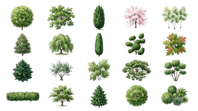 Hand Drawn Watercolor Trees and Shrubs Vector Collection for Landscape Architecture Plans