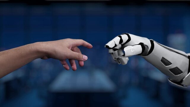 A human hand reaches out toward a robotic hand in a futuristic workspace, illustrating the merging of human skills with advanced technology in a collaborative environment. Synapse