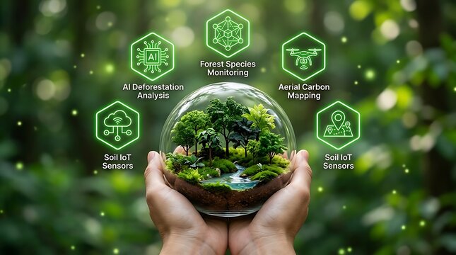 Hands Carefully Holding a Glass Terrarium with a Miniature Forest Inside, Biosphere and Ecosystem Concept