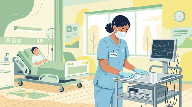 Nurse caring for patient in hospital room with medical equipment.
