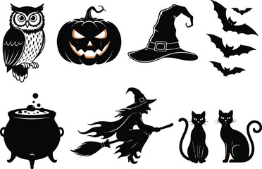 Fototapeta premium set of halloween element silhouette collection. Black and white vector editable file. pumpkin, ghost, cat, cauldron, horror house, female witch ride, owl, raven bird, skeleton, spider, witch hat 3