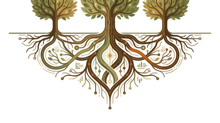 Fototapeta premium Three Stylized Trees with Intricate Root System Representing Network Connection and Nature Harmony