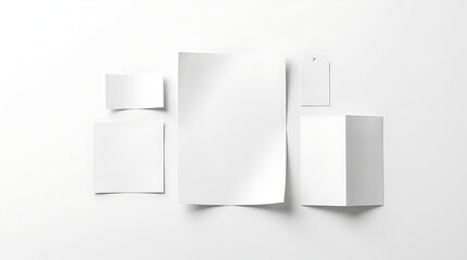 Fototapeta premium Blank Stationery Mockup Set with Letterhead Brochure and Tag on White Background Flat Lay