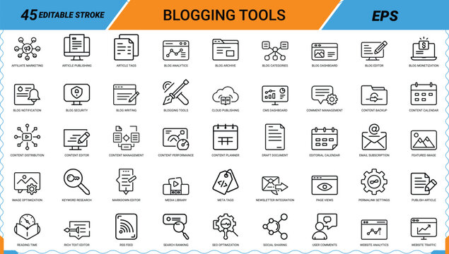 Blogging tools icons set web design elements for digital marketing and content management system.