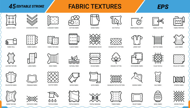 Fabric textures icons set for textile design and fashion materials collection line graphics.