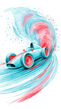 A dynamic illustration of a vintage race car speeding through a swirling, colorful vortex, blending motion and energy in vibrant blue and red hues.