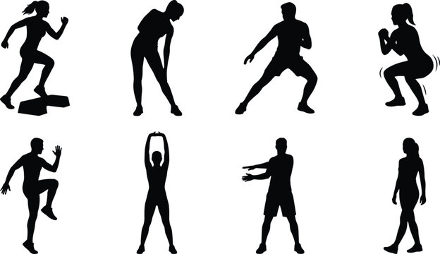 Fitness silhouettes set featuring men and women exercising stretching squatting running and doing aerobic workouts.