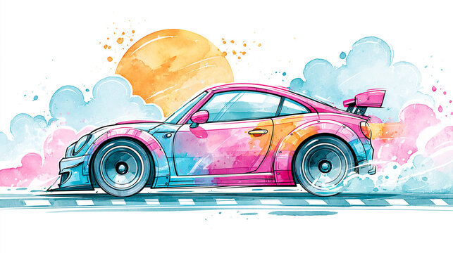 A vibrant watercolor illustration of a sports car speeding with clouds and a sun in the background, showcasing dynamic motion and bright colors.