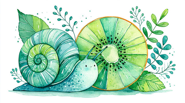 A watercolor illustration of a snail with a shell resembling a kiwi slice, surrounded by leaves and branches.