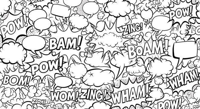 Black and White Comic Book Sound Effects Pattern with Speech Bubbles.