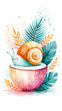 A whimsical watercolor illustration of a smiling snail inside a halved coconut, surrounded by tropical leaves and vibrant splashes of color.