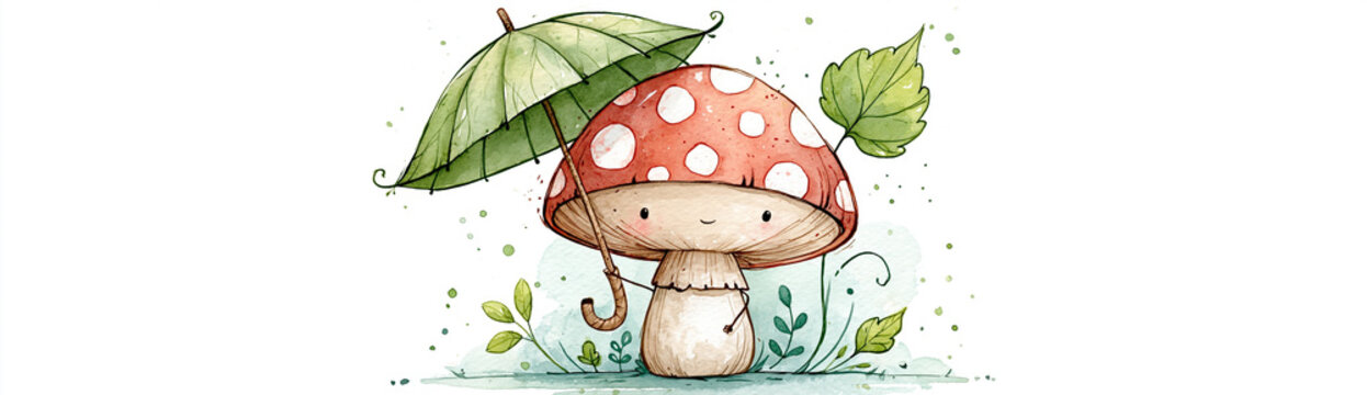 A cute mushroom character holds a leaf umbrella, surrounded by small plants and whimsical details in a delicate watercolor style.