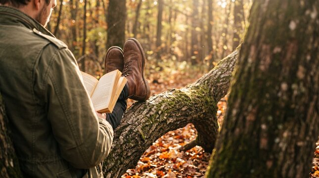Person reading a book on a tree branch in an autumn forest mockup