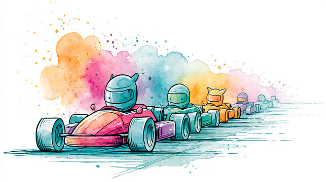 Colorful watercolor illustration of a go-kart race with multiple drivers speeding in a line, each wearing a helmet and racing suit.