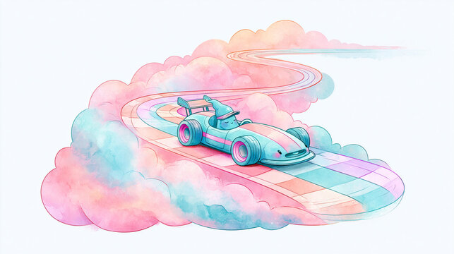 A whimsical race car zooms along a colorful, winding track floating through soft, pastel clouds in a dreamy, surreal setting.