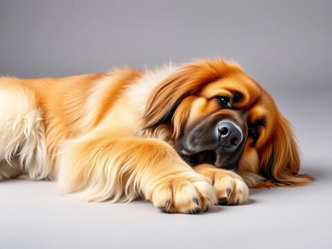 Leonberger lying down with paws together in white coat, color, dog
