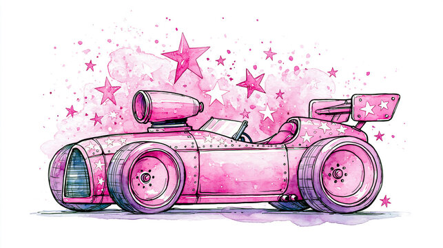 A whimsical pink race car illustration with star patterns and a dreamy watercolor effect, exuding a playful and imaginative vibe.